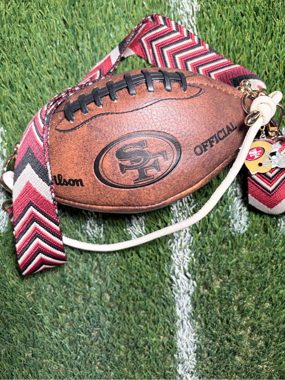 Wilson Football Crossbody Bag in Brown and Red Chevron Strap